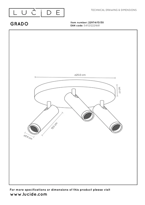 Lucide GRADO - Deckenstrahler - Ø 25 cm - 3xGU10 (MR11) - Schwarz - technisch